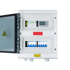 White electrical enclosure with open door showing circuit breakers, surge protectors, and digital meter display with warning 