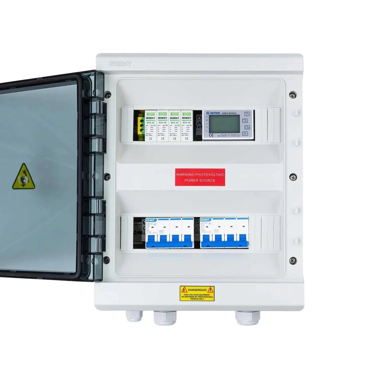 White electrical enclosure with open door showing circuit breakers, surge protectors, and digital meter display with warning 