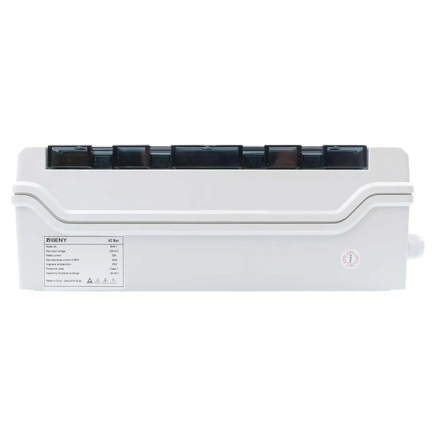 BENY AC Box surge protection enclosure with black terminal strip on top, white housing, and specifications label visible on f