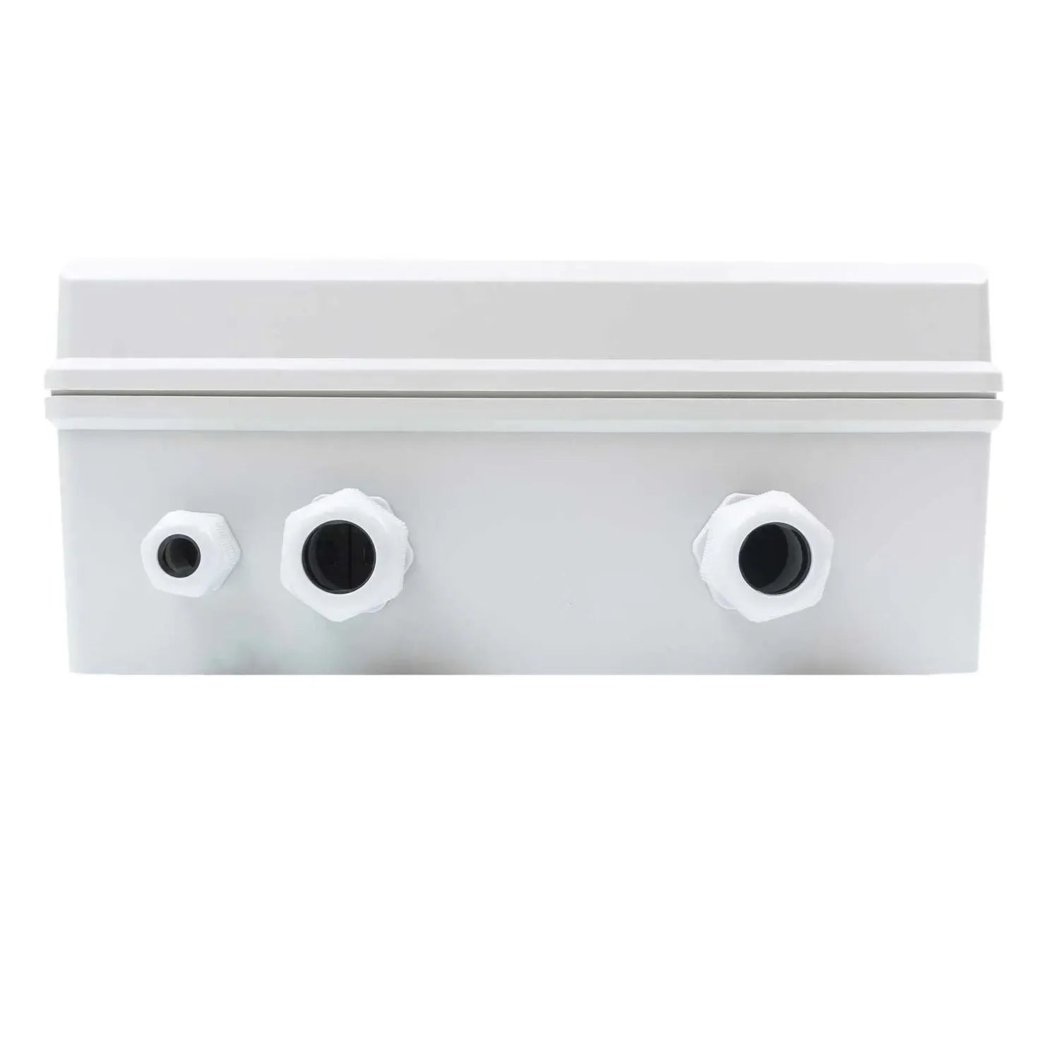 Top-down view of white rectangular electrical enclosure with three white connector ports with black openings mounted on front