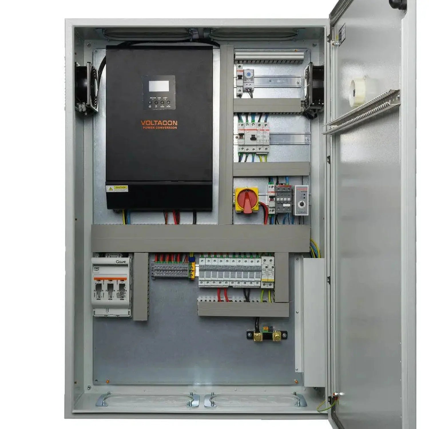 Voltagon power conversion cabinet interior showing black inverter unit, circuit breakers, wiring terminals, and safety discon