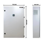 Dimension diagram showing front and side views of a white cabinet inverter with 70cm width, 105cm height, and 25cm depth meas