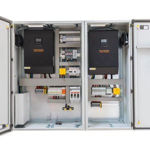 Open electrical cabinet showing two Voltacon power conversion units with circuit breakers, terminals, and wiring components m