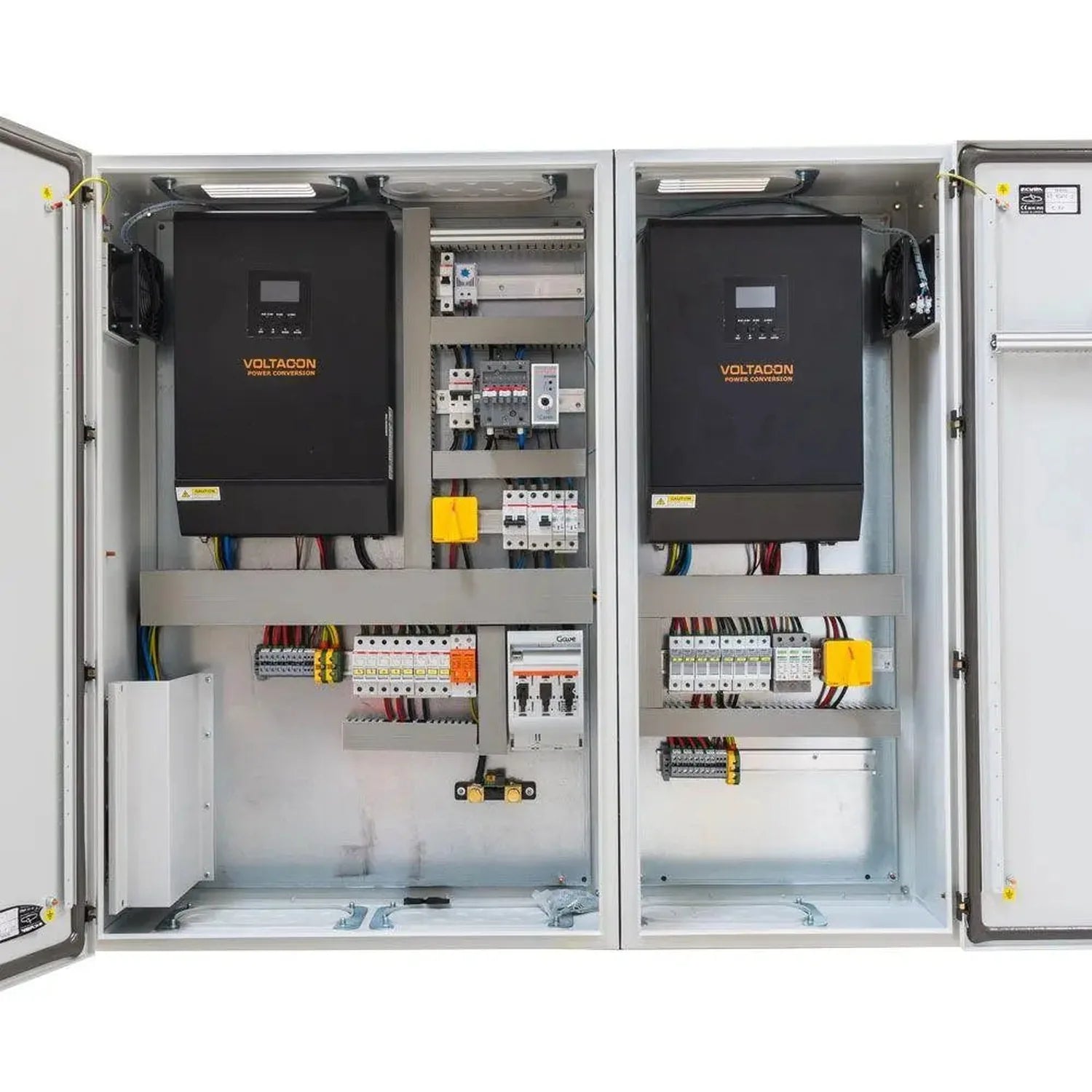 Open electrical cabinet showing two Voltacon power conversion units with circuit breakers, terminals, and wiring components m