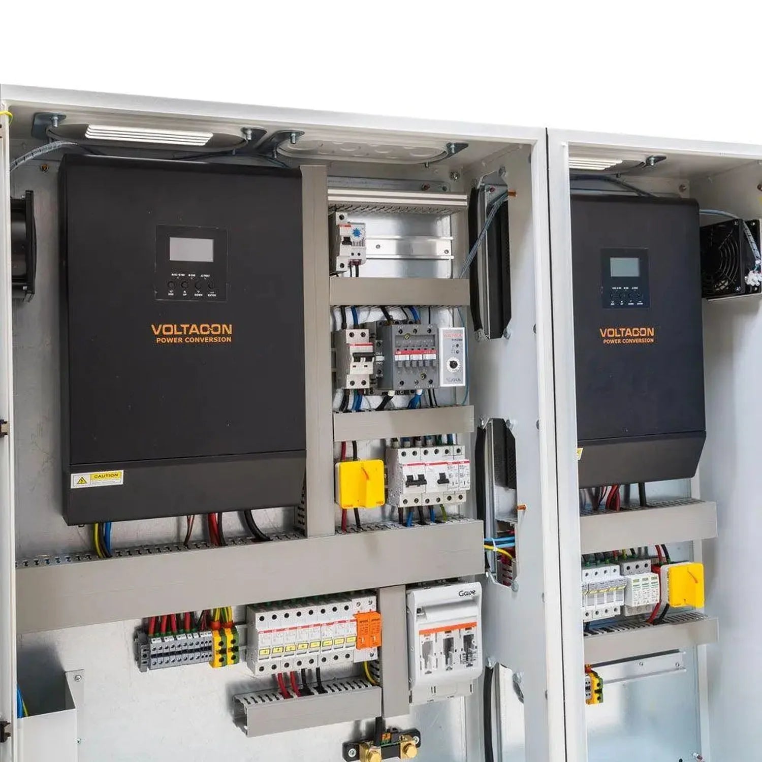 Voltagon power conversion cabinet with inverter, circuit breakers, and wiring installation shot showing internal components a