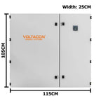 Voltacon Energy Systems cabinet with dimensions 115cm width by 105cm height, featuring dual doors and control panel display.