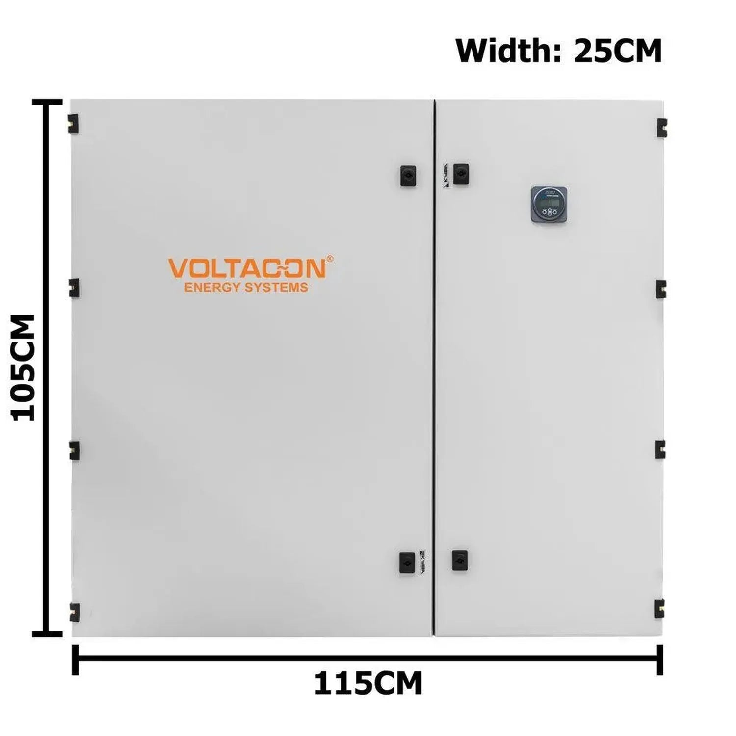 Voltacon Energy Systems cabinet with dimensions 115cm width by 105cm height, featuring dual doors and control panel display.