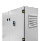 White electrical enclosure cabinet with dual doors, digital thermostat display, ventilation louvers, and brass hinges on righ