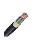 Cross-section view of NYY-J power cable showing five copper cores with blue, yellow, green, and gray insulation within black 
