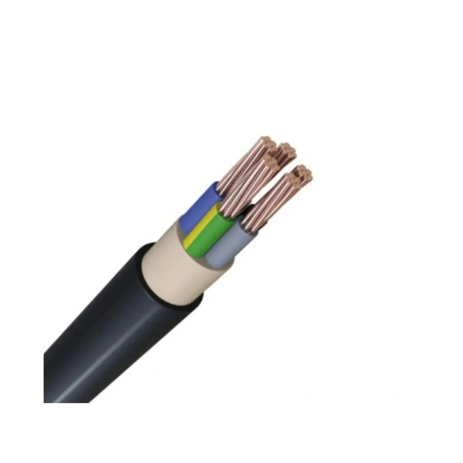 Cross-section view of NYY-J power cable showing five copper cores with blue, yellow, green, and gray insulation within black 