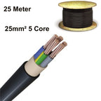25 meter spool of 25mm² 5 core black power cable with cross-section detail showing colored conductors and white insulation ja
