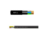 NYY-J power cable with 5 cores shown in two views: cross-section diagram and full length with printed specifications label.