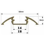 Technical dimension diagram of LED aluminium floor profile extrusion showing 50mm width, 8mm height, 14mm inner channel, and 