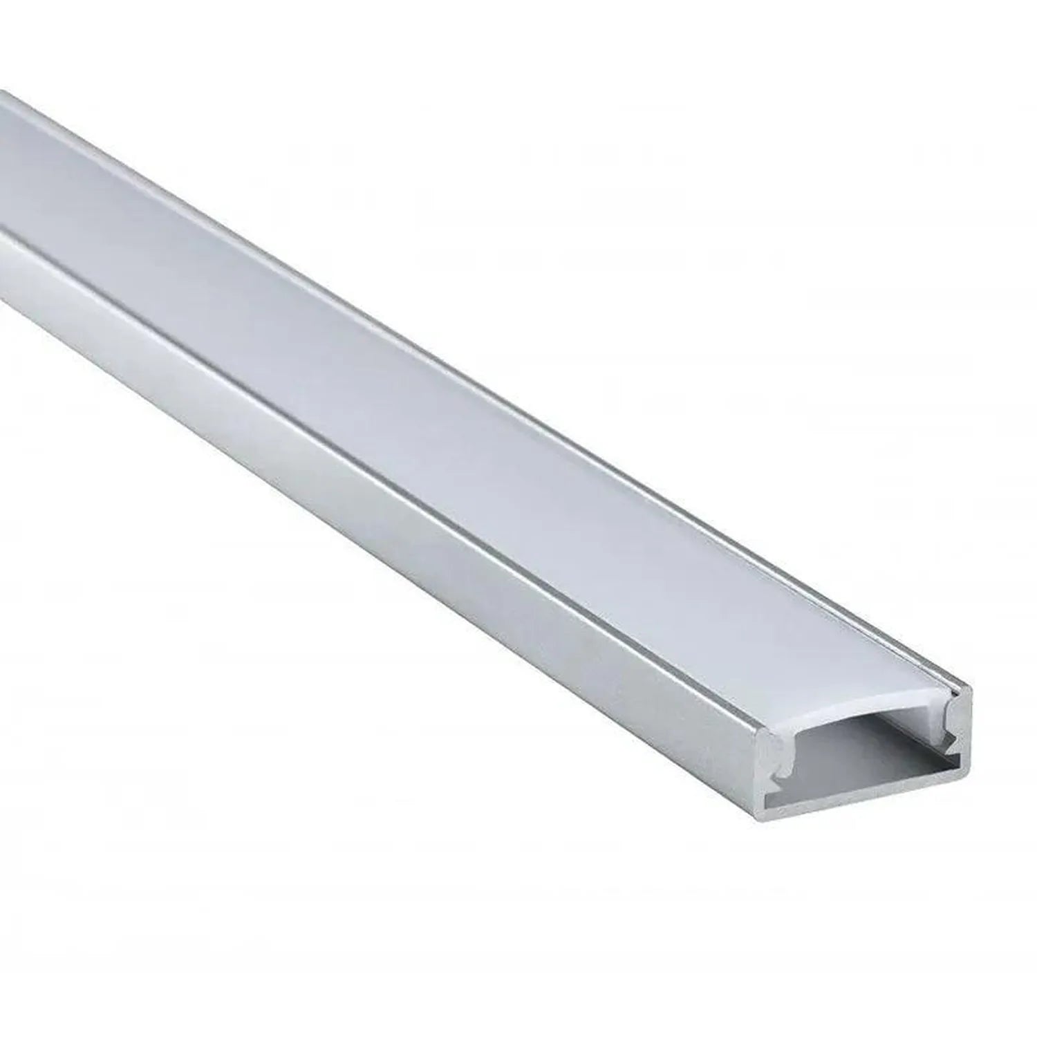Aluminum LED profile channel with frosted diffuser cover, angled view showing recessed cavity for LED strip installation.
