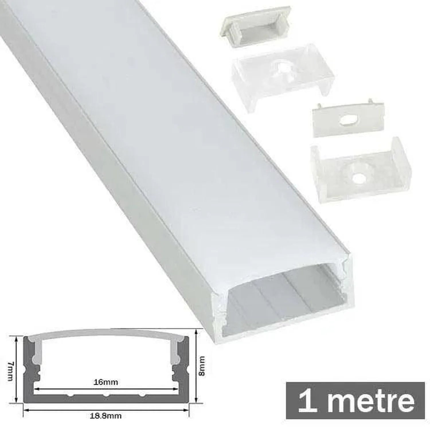Aluminum LED profile 1 metre with accessories, showing channel cross-section dimensions of 16mm width and 8mm depth, plus fou