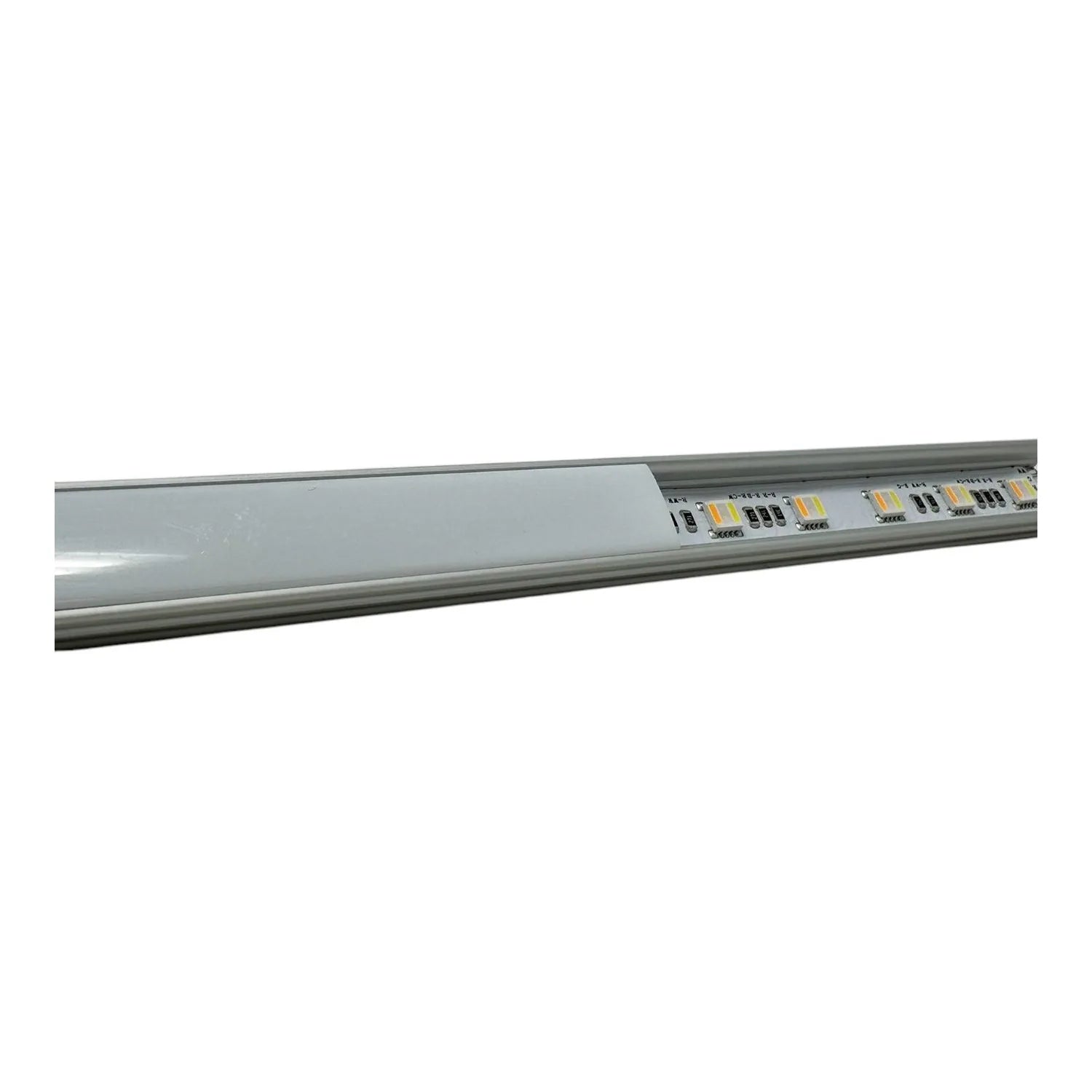 Aluminum LED strip profile with white diffuser cover and visible circuit board connectors, angled product view.