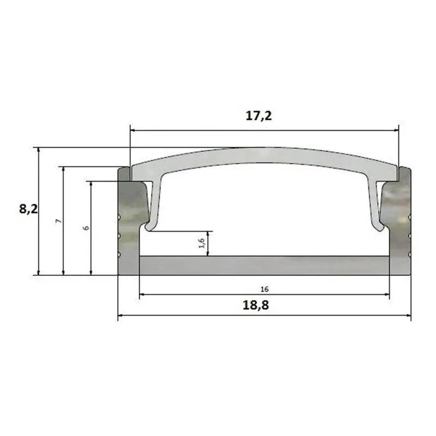 Technical dimension diagram of an aluminium LED profile showing measurements of 17.2 cm width, 8.2 cm height, and 18.8 cm dep