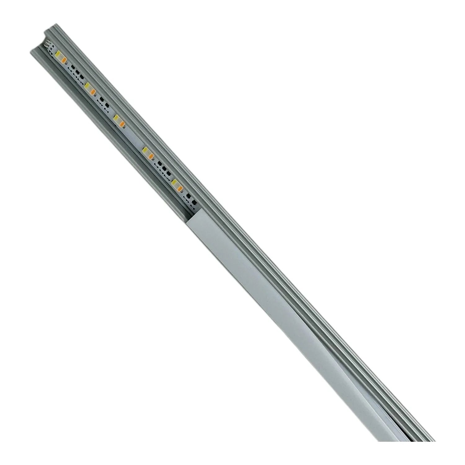 Angled view of a long aluminum LED profile with integrated light strips showing warm white LEDs spaced along its length.
