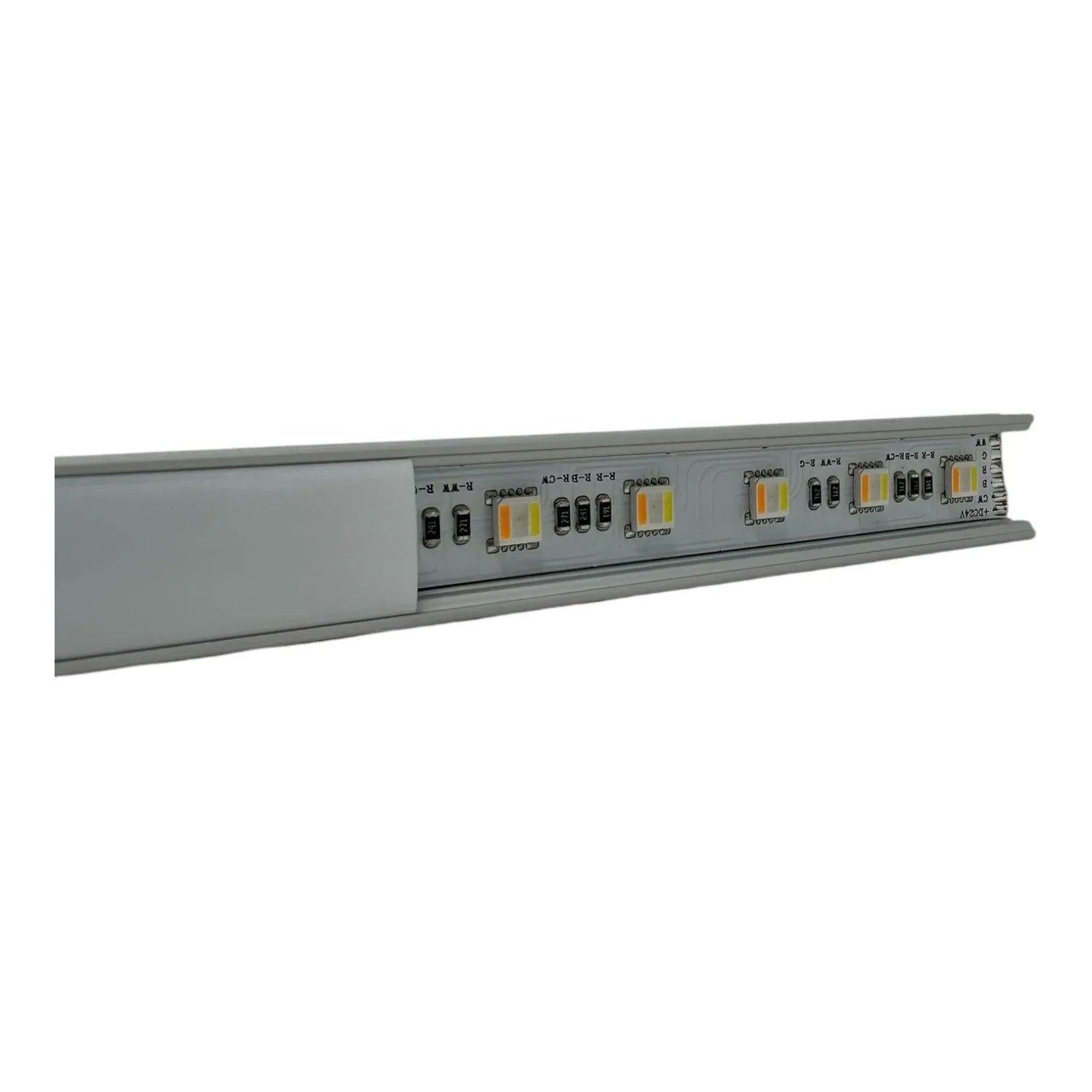 Aluminium LED profile strip with integrated warm white and amber LED modules mounted in grey anodized channel housing.