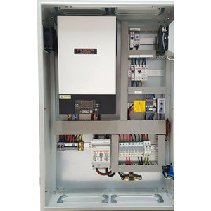 Voltacon 3kW off-grid inverter charger cabinet interior showing inverter unit, circuit breakers, wiring, and electrical compo