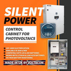 Silent Power 3kW off-grid inverter charger cabinet with white exterior unit, Victron battery monitor, and interior view showi