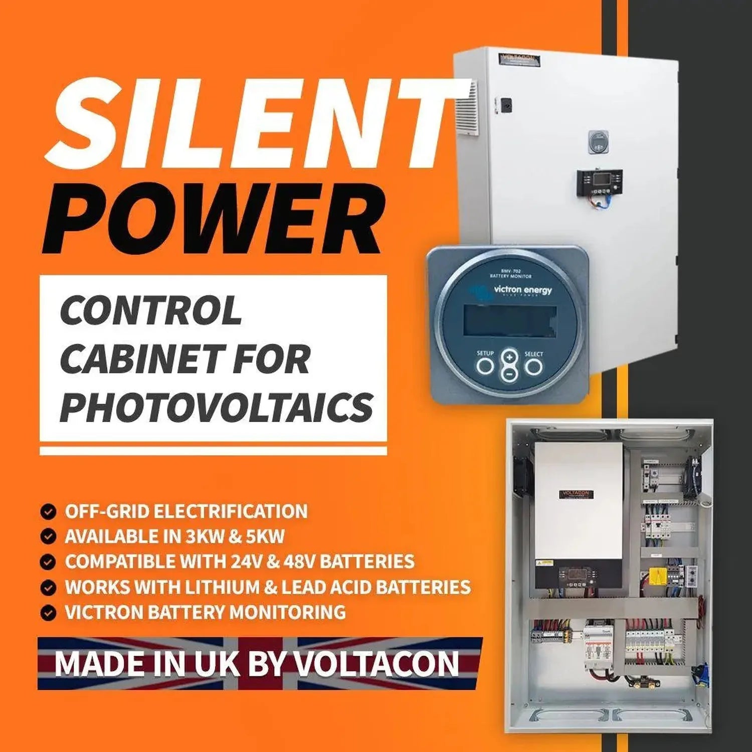 Silent Power 3kW off-grid inverter charger cabinet with white exterior unit, Victron battery monitor, and interior view showi