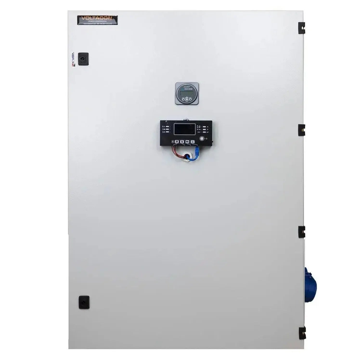 White electrical cabinet with digital control panel, analog gauge, and blue connector installed on door.