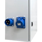 Close-up of cabinet installation showing two blue industrial connectors labeled AC Output and AC Gen/Grid mounted on white pa