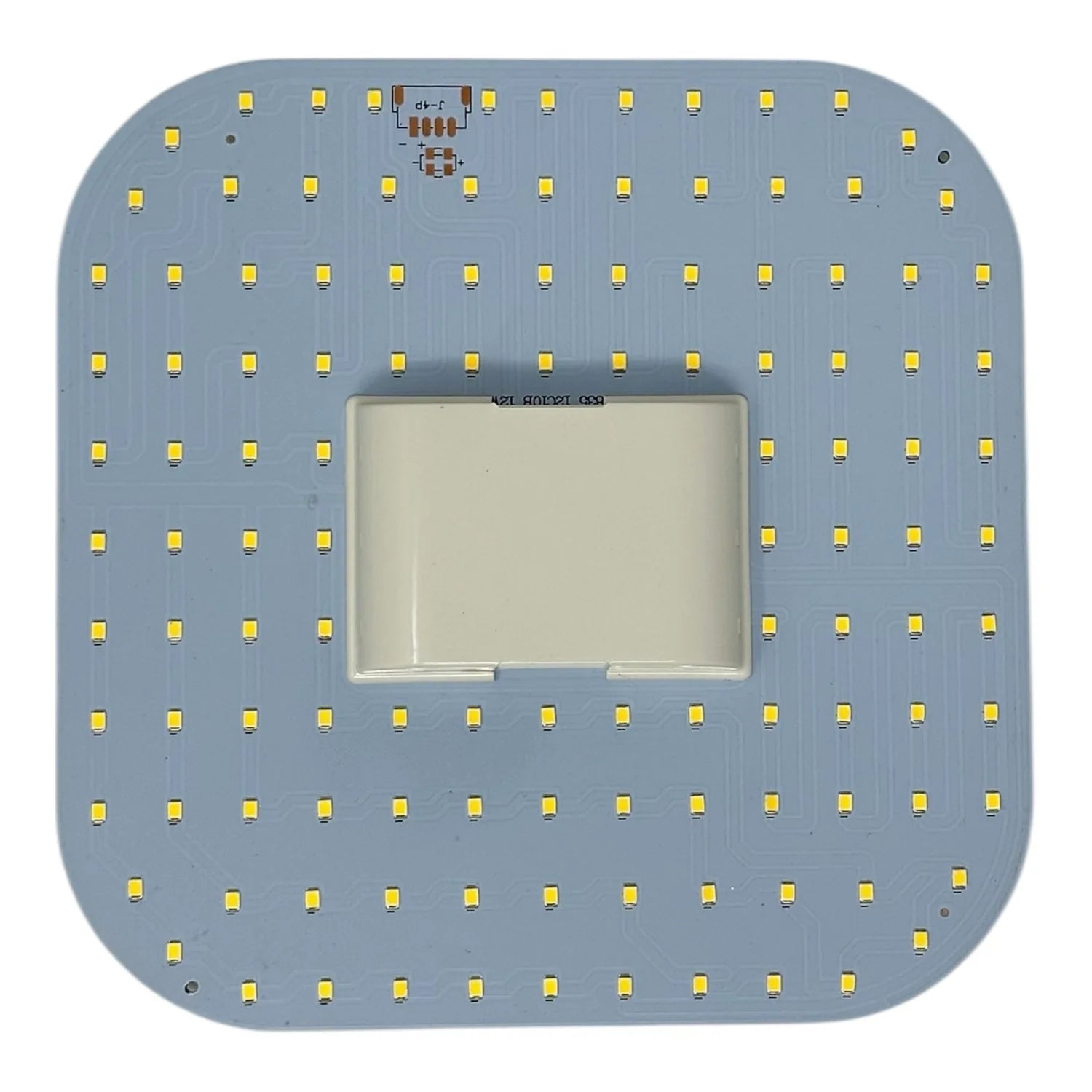LED 2D lamp PCB assembly showing square blue circuit board with yellow LED chips arranged in grid pattern and central compone