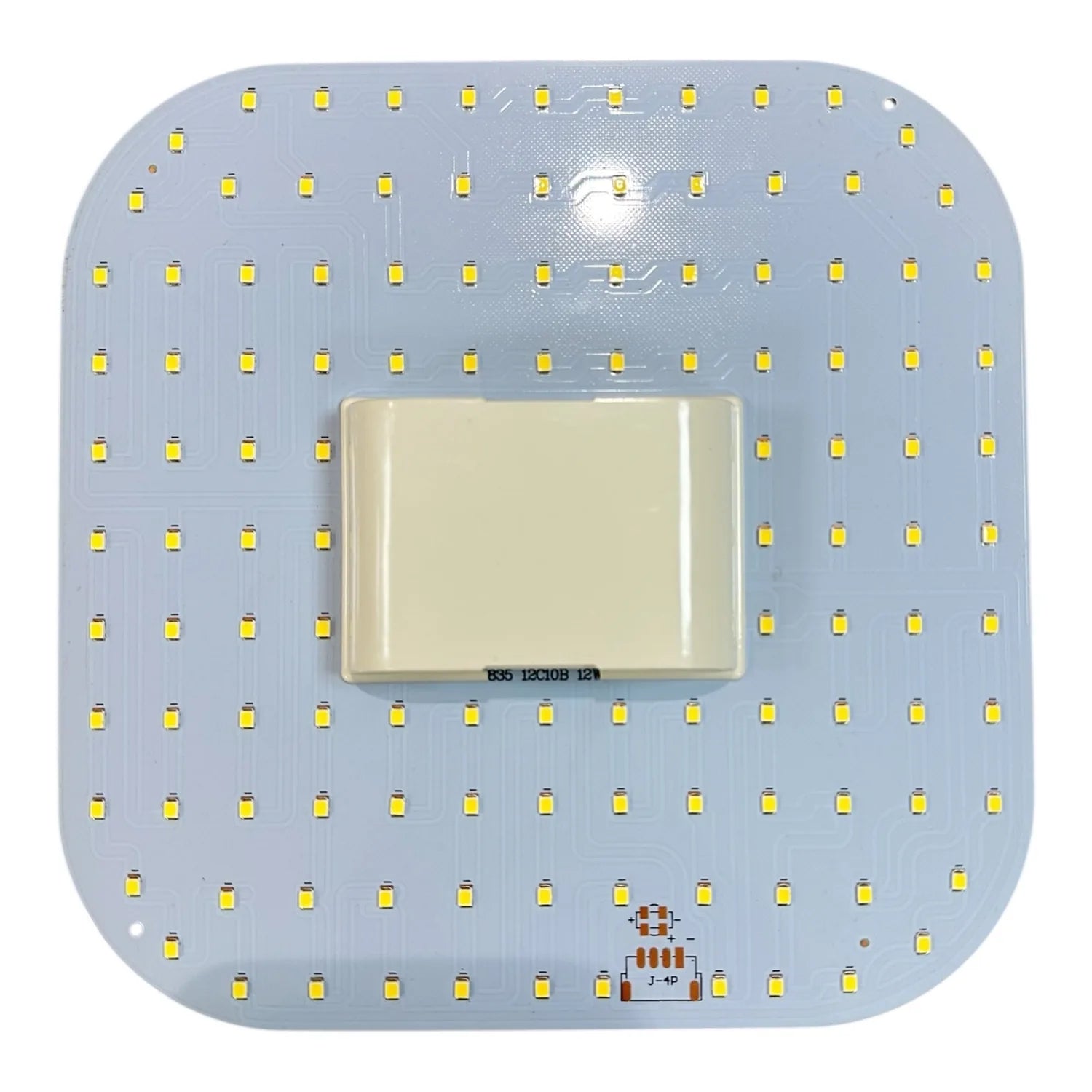 Top-down view of LED lamp module showing dense array of yellow SMD components on blue circuit board with central connector.
