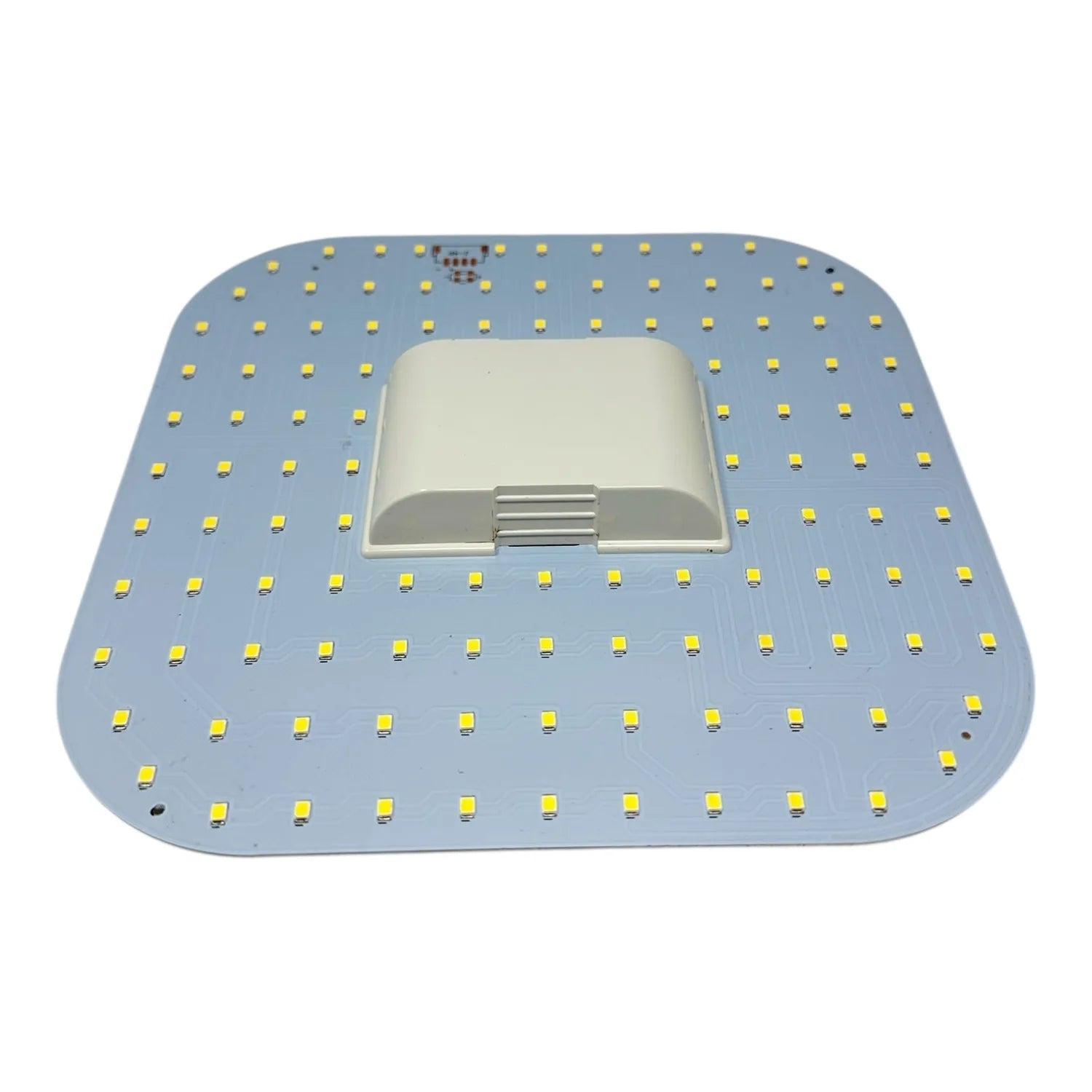 LED 2D lamp module with yellow square LEDs arranged on blue circuit board and white connector housing, top view.