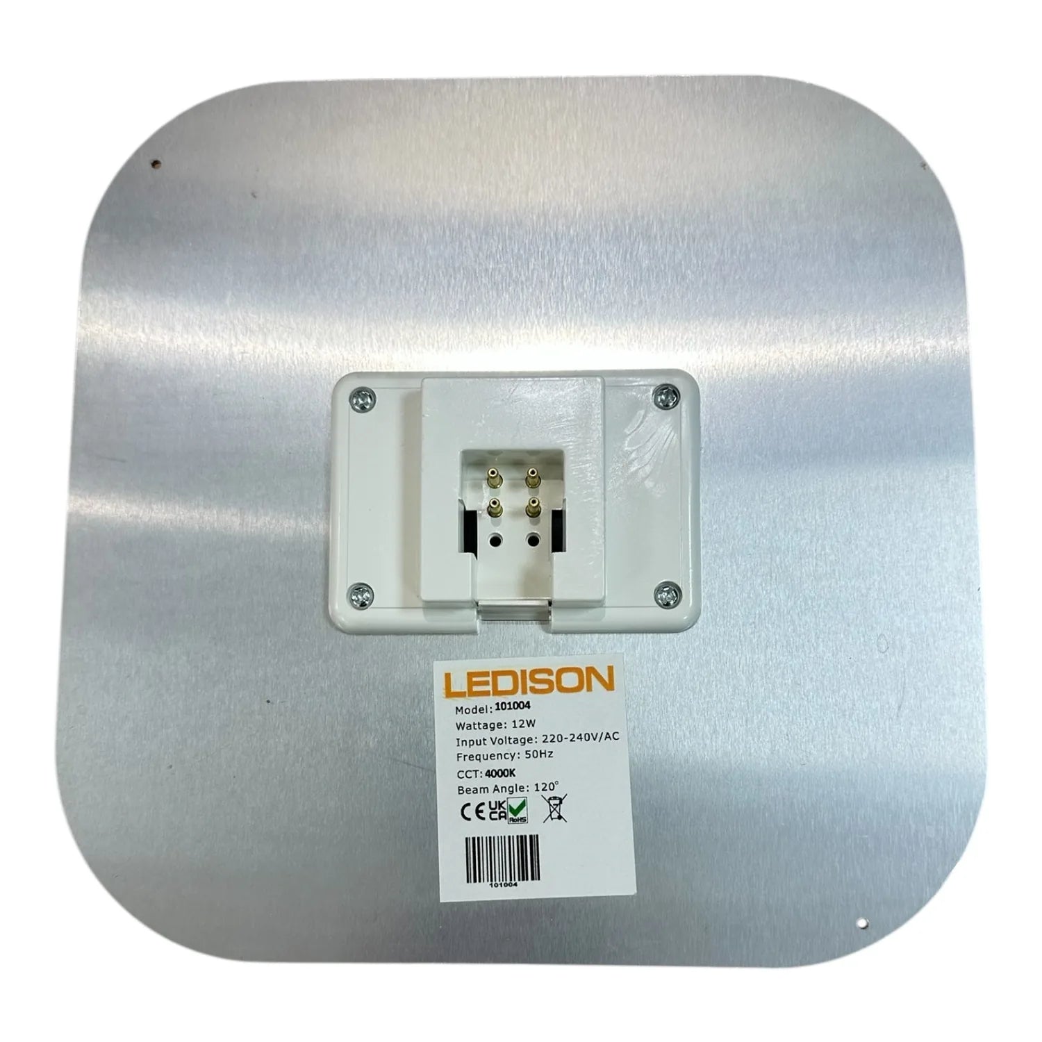 Back view of Ledison 101004 LED lamp showing silver metal base with white junction box and electrical specifications label.