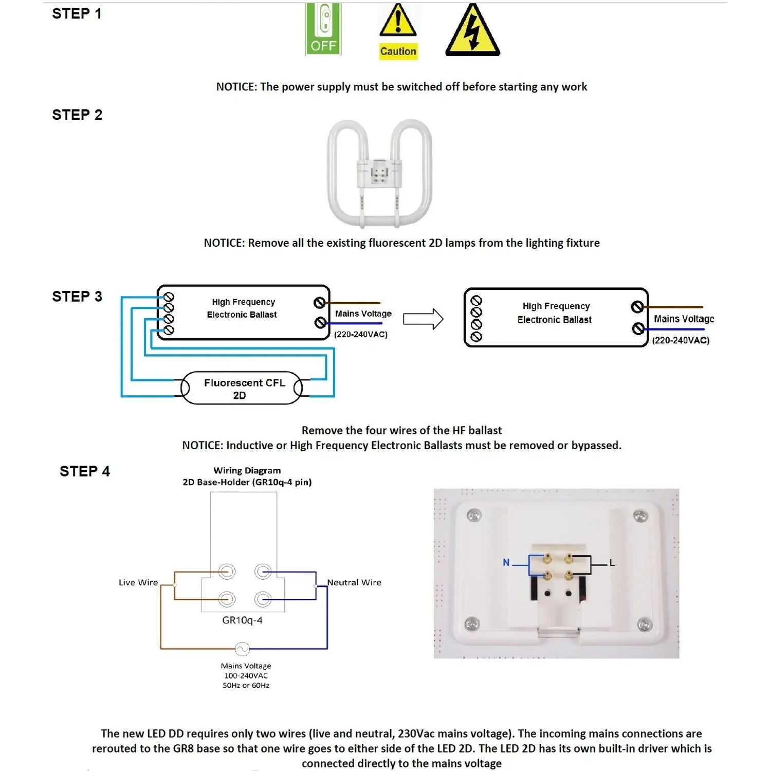 Installation guide showing four steps to retrofit fluorescent 2D lamps with LED 2D lamps, including wiring diagrams and base-