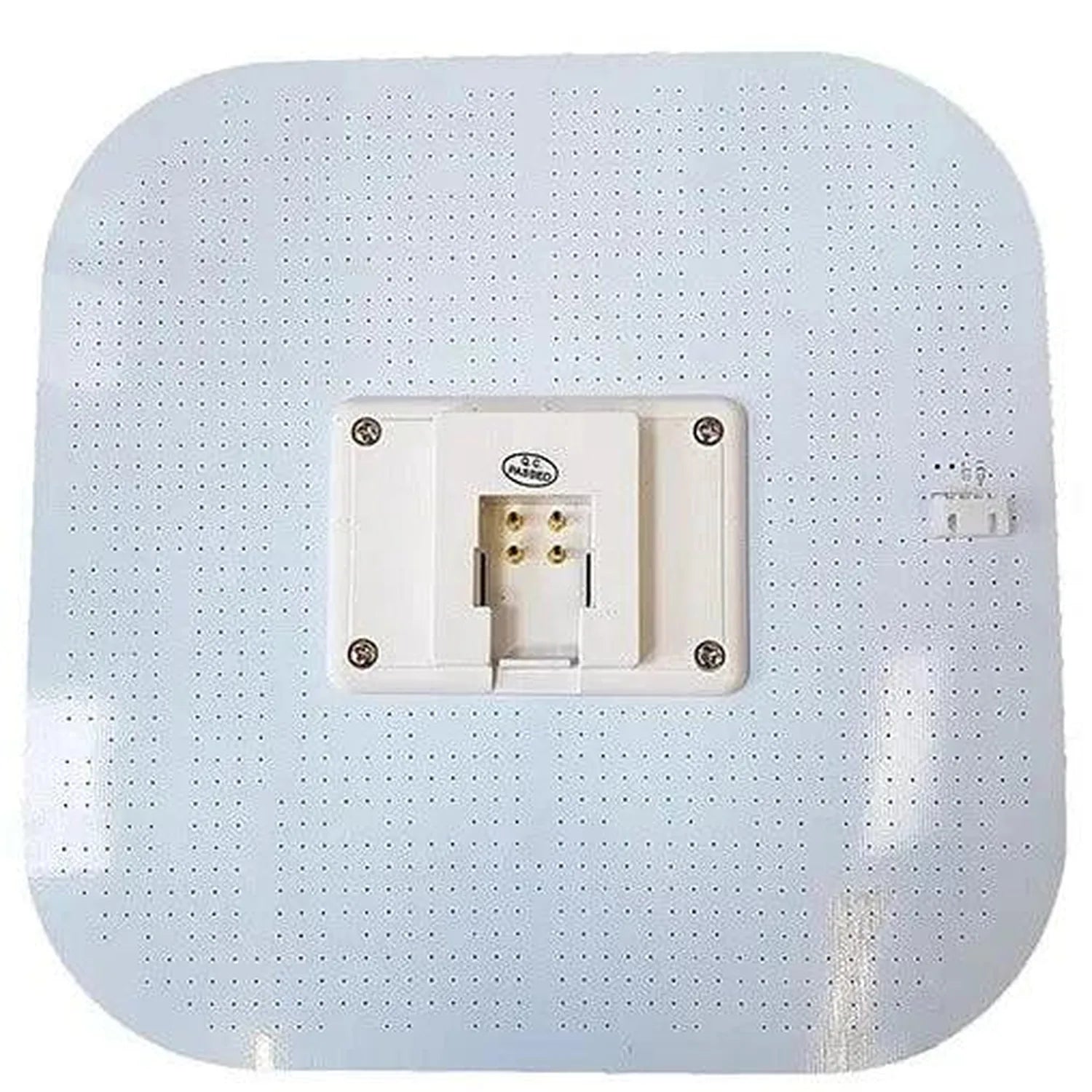 Back view of LED 2D lamp mounted on perforated ceiling tile with visible 4-pin connector and mounting hardware.