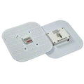 Two-sided view of square white LED panel lamp with dense array of small lights and microwave sensor module attached.