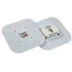 Two-sided view of square white LED panel lamp with dense array of small lights and microwave sensor module attached.