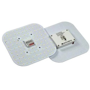 Two-sided view of square white LED panel lamp with dense array of small lights and microwave sensor module attached.