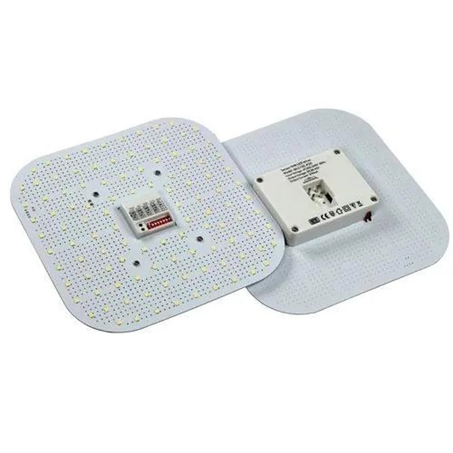 Two-sided view of square white LED panel lamp with dense array of small lights and microwave sensor module attached.