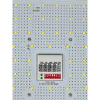 LED panel with yellow square lights arranged in grid pattern, central control module with dip switches and green power indica