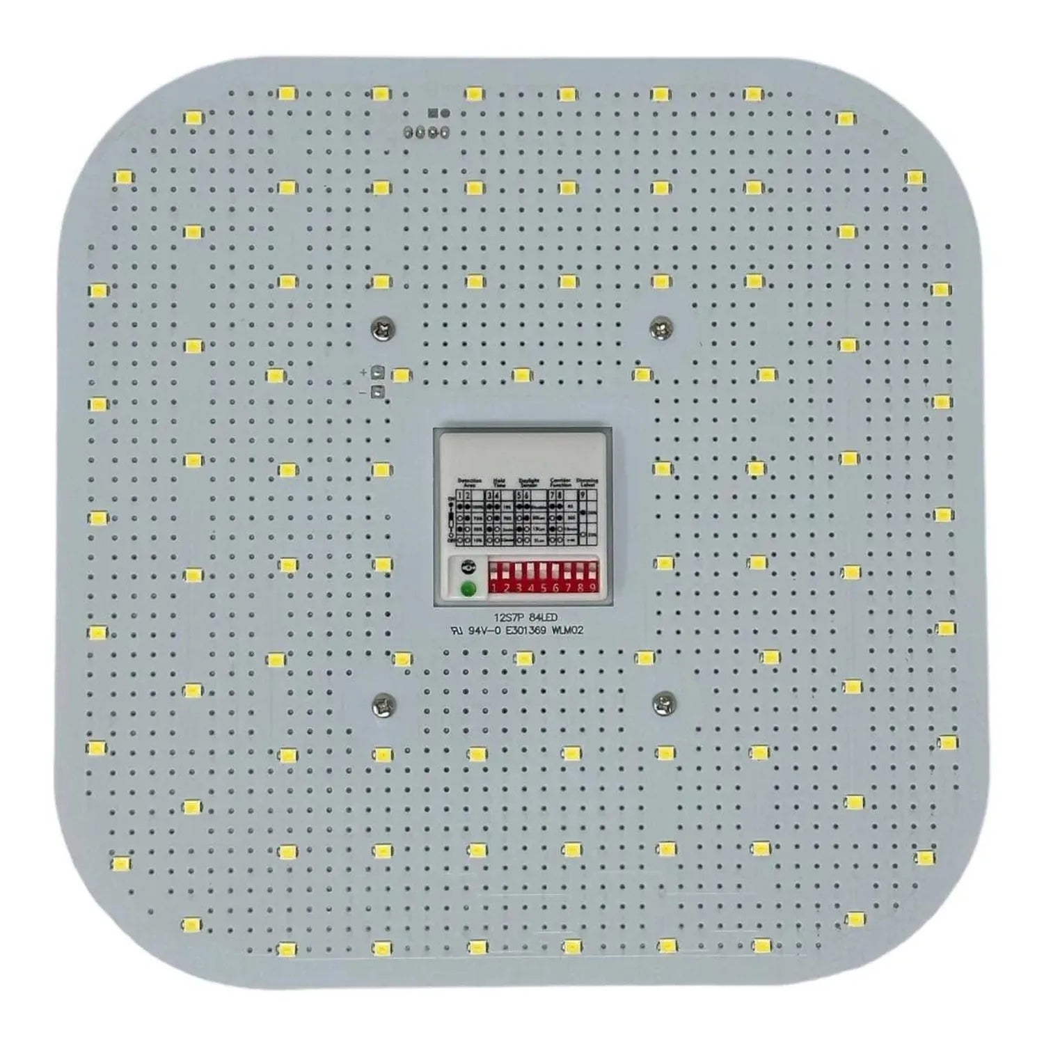Overhead view of square LED panel with yellow LED chips arranged in grid pattern, central control module with display screen 