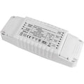 White rectangular LED emergency battery pack with specifications label, mounting brackets, and electrical certification marki