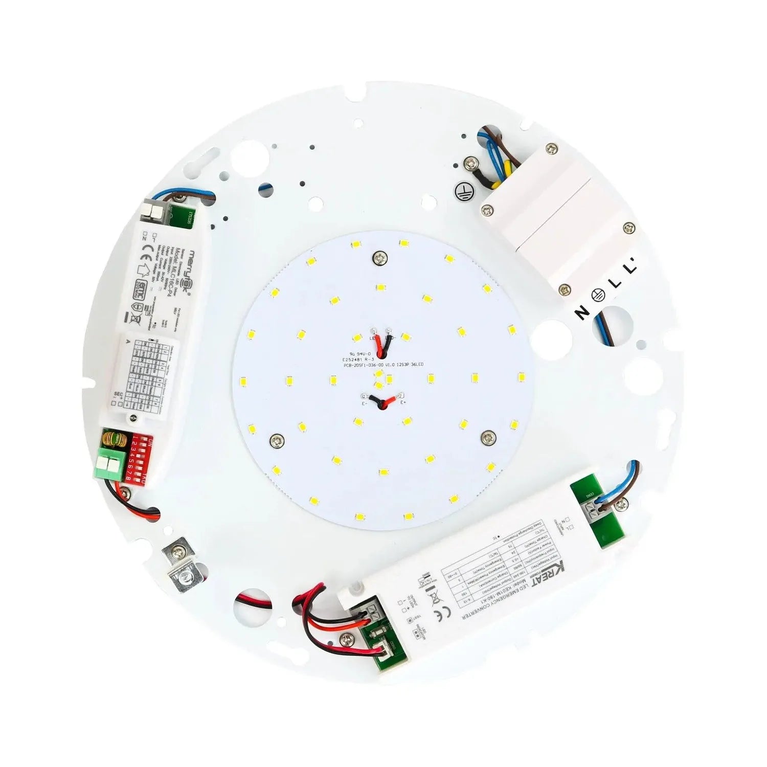 Internal view of circular LED gear tray showing yellow LED chips arranged in ring pattern, driver electronics, and terminal c