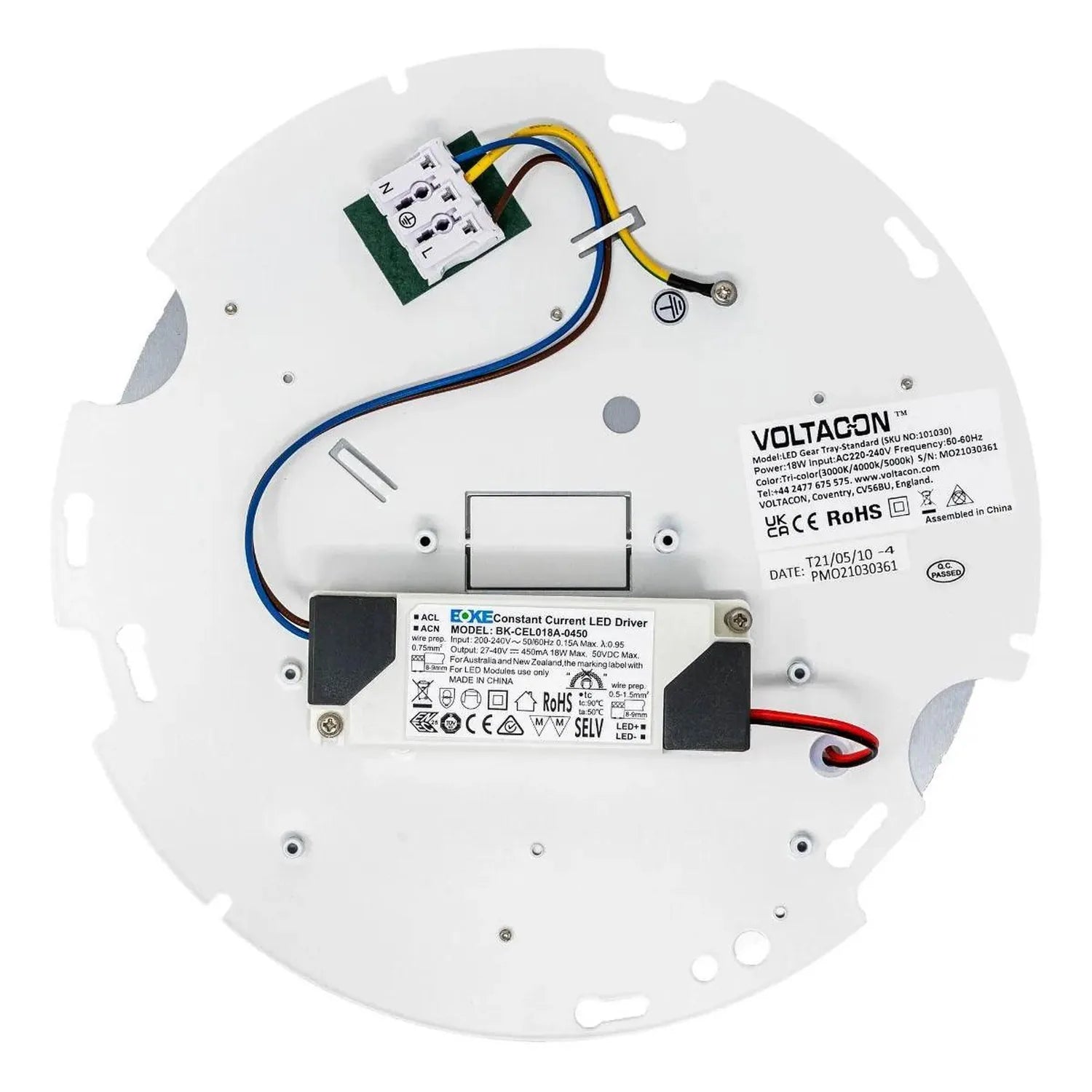 Rear view of LED fixture showing internal components including constant current driver, wiring, and terminal block on white c