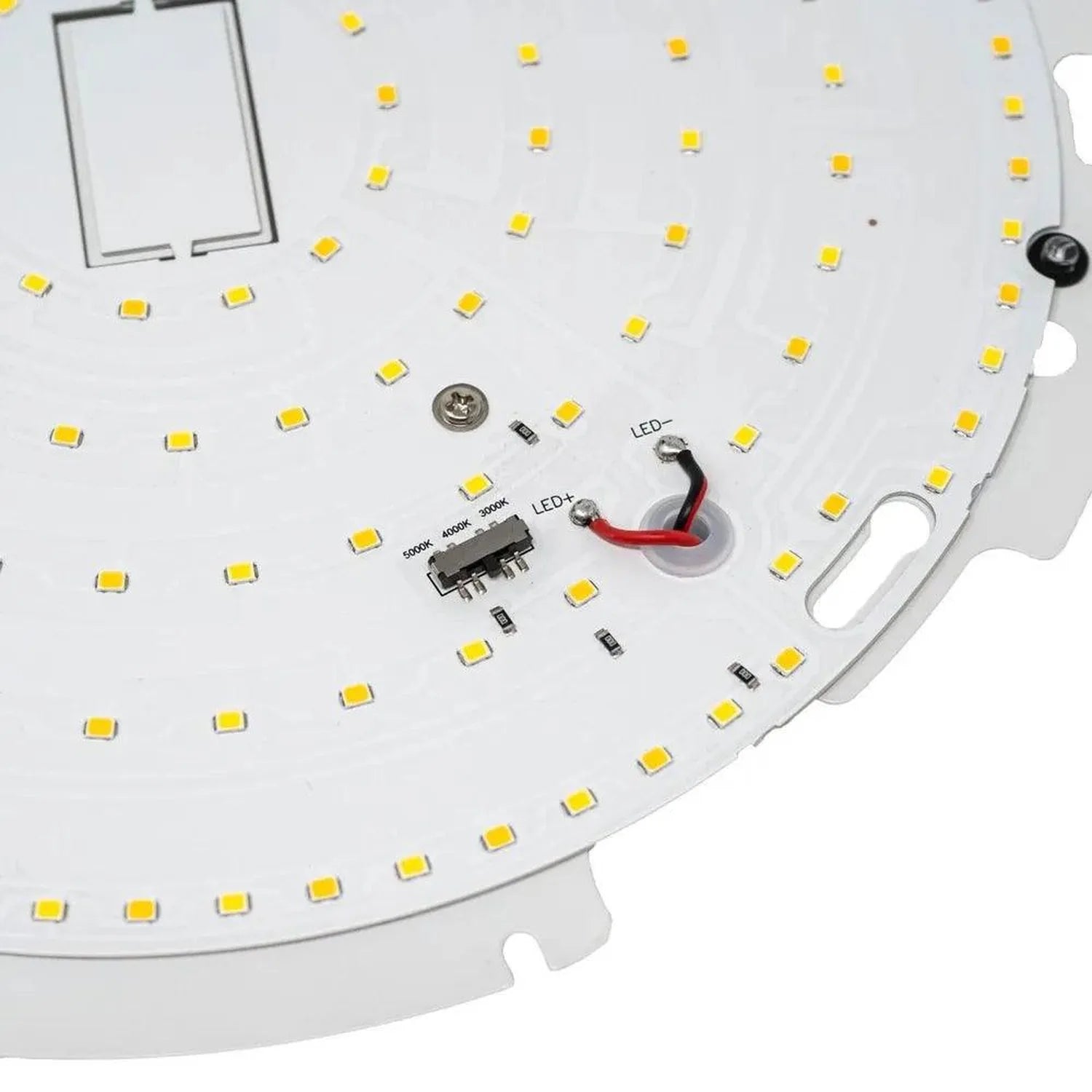 Circular LED panel with yellow SMD chips arranged in rows, central control module labeled with color temperatures, red wired 