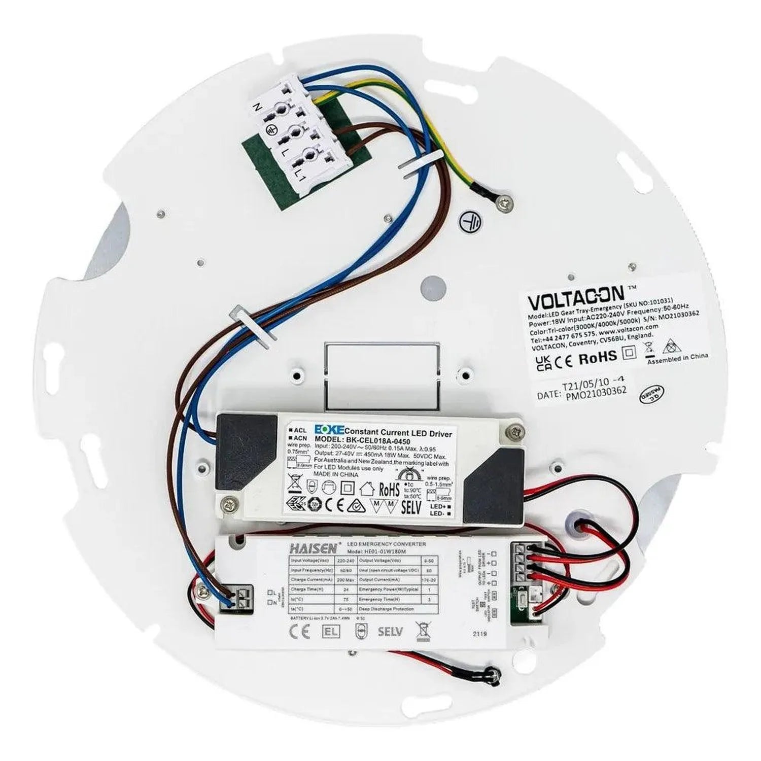 Internal components of LED retrofit light showing Voltacon driver, EXE constant current LED driver, and Haisen emergency conv