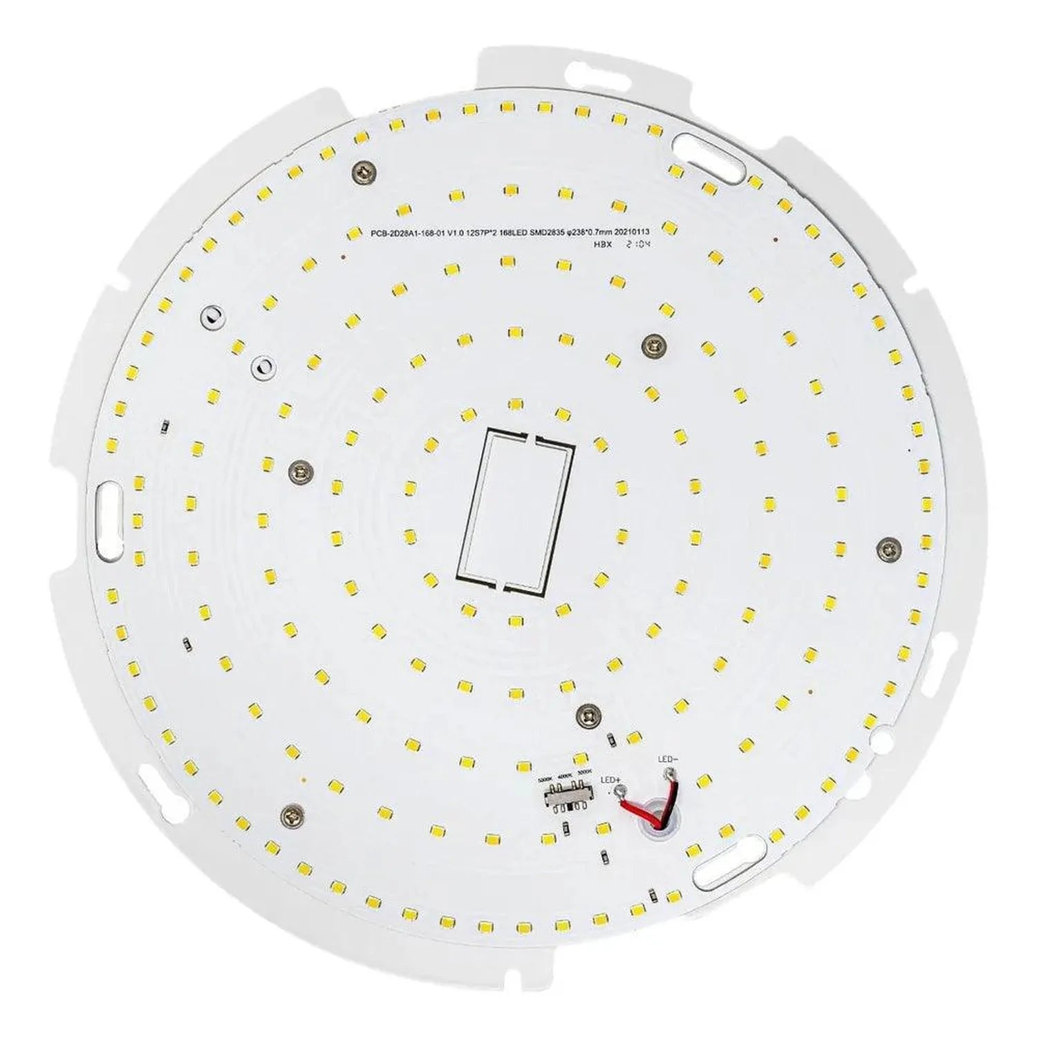 Round LED circuit board with yellow SMD chips arranged in concentric rings, mounting holes, and central connector, viewed fro