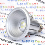 Pharox 800 PAR38 LED bulb with E27 base on branded background, showing reflector dome and internal LED chip.