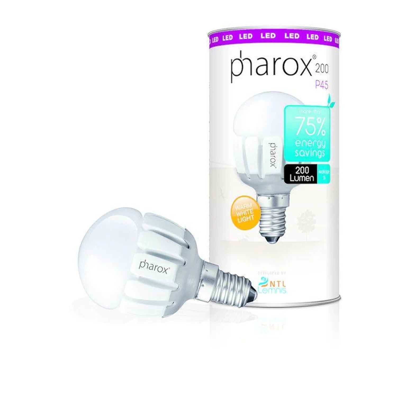 Pharox 200 P45 LED bulb next to its packaging, showing warm white 4W golf-style bulb with E14 socket and 200 lumen output.