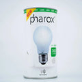 Pharox LED bulb packaging showing frosted glass bulb, 4W=33W, 360 lumen output, dimmable feature.