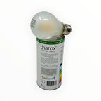 Pharox LED bulb with frosted glass globe sitting atop its cylindrical packaging box labeled "LEDs save energy